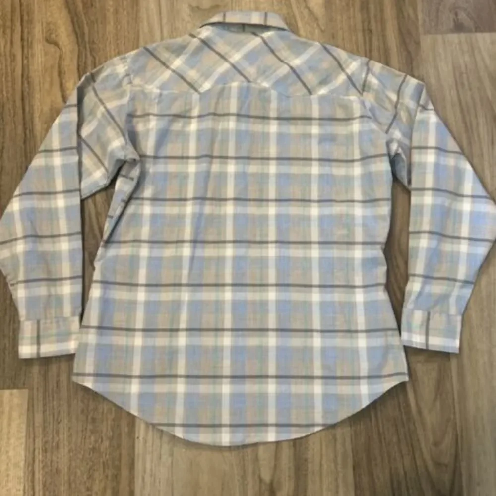 Vintage Levis Men Western Tan Blue Plaid Long Sleeve Pearl Snap Large Has Stain - Picture 6 of 6